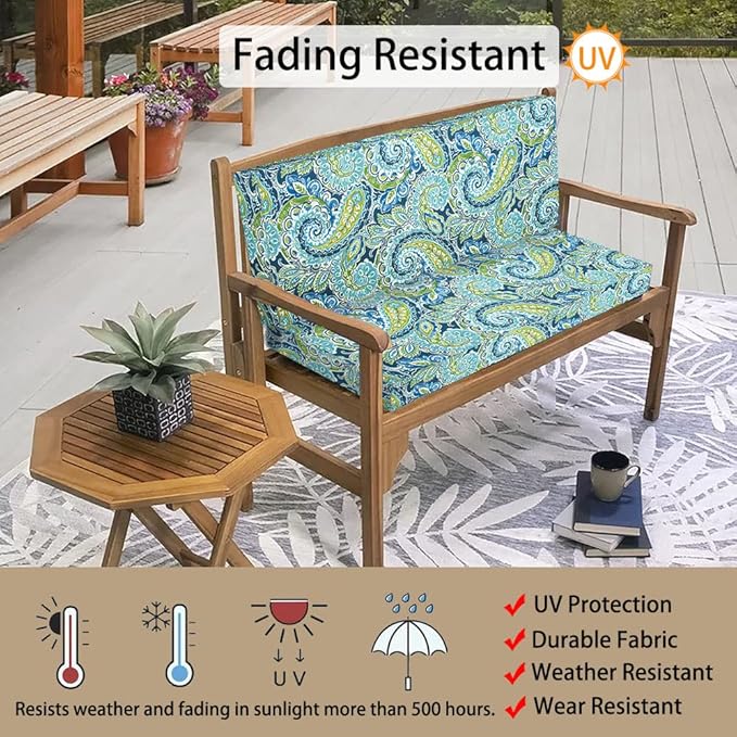 Magpie Fabrics Patio Bench Cushion Cover 45x18x3 Inch, NO Insert! Water&Fade Resistant Outdoor Loveseat Replacement Cover with Zipper (Paisley Lapis Green)