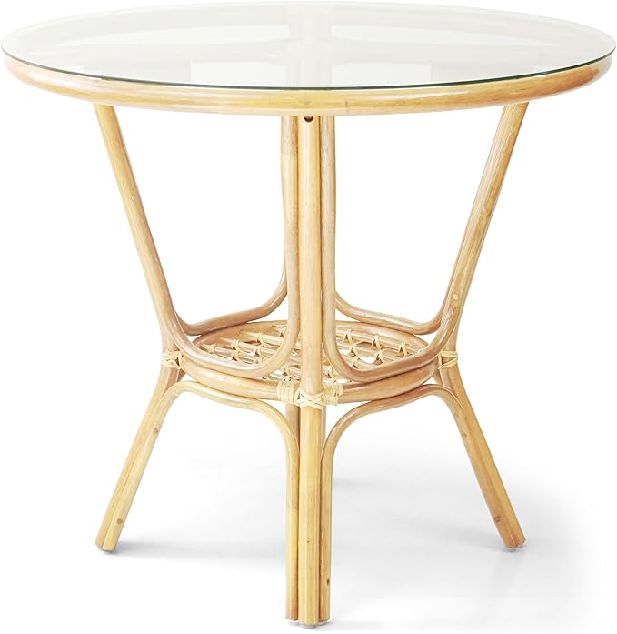 3 Pcs Pelangi Rattan Wicker Dining Set Round Table Glass Top and 2 Arm Chairs with Cream Cushion, Natural Color