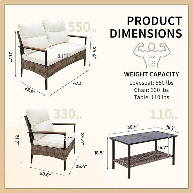 COOS BAY Sunset Haven Outdoor Patio Furniture Set, Outdoor Conversation Set, Rattan Wicker Sofa, Loveseat, 2 Patio Chairs and Coffee Table, Brown/Beige