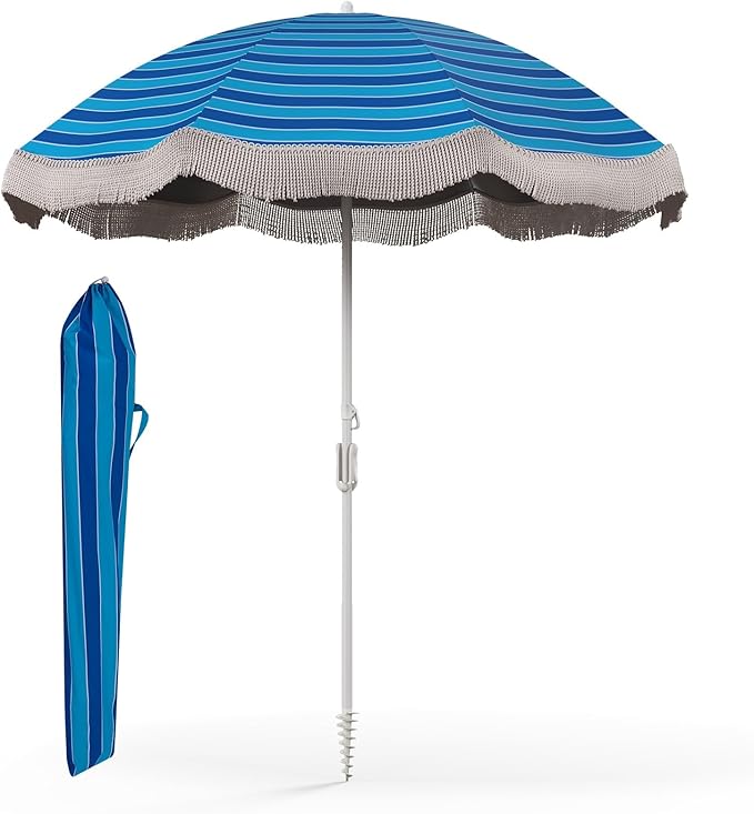 6.5 FT Outdoor Fringe Umbrella, UV 50+ Protection Boho Umbrella with Sand Anchor, Tilt Sun Shelter& 8 Ribs, Portable Beach Umbrella with Carry Bag, Vintage Patio Umbrella for Deck Poolside