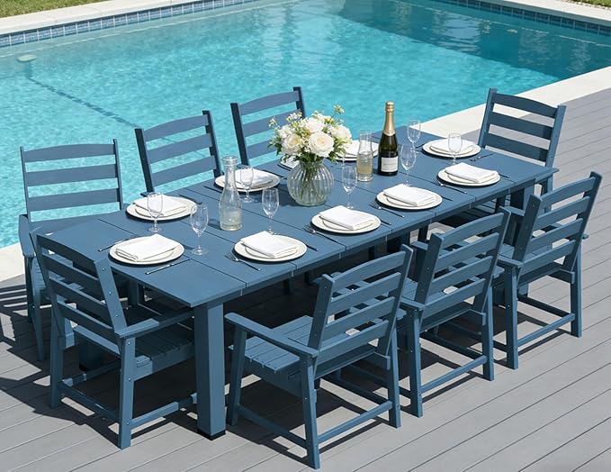 LOUNZY 9 Pieces Patio Dining Sets, 90'' Table Outdoor HDPE Furniture Set w/ 2" Hole Cut-Out Dining Table with 8 Patio Chairs for Lawn, Pool and Yard, Navy