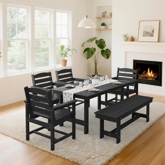KINGYES 6-Piece Patio Dining Set, HDPE Outdoor Table and Chairs with Bench, Black