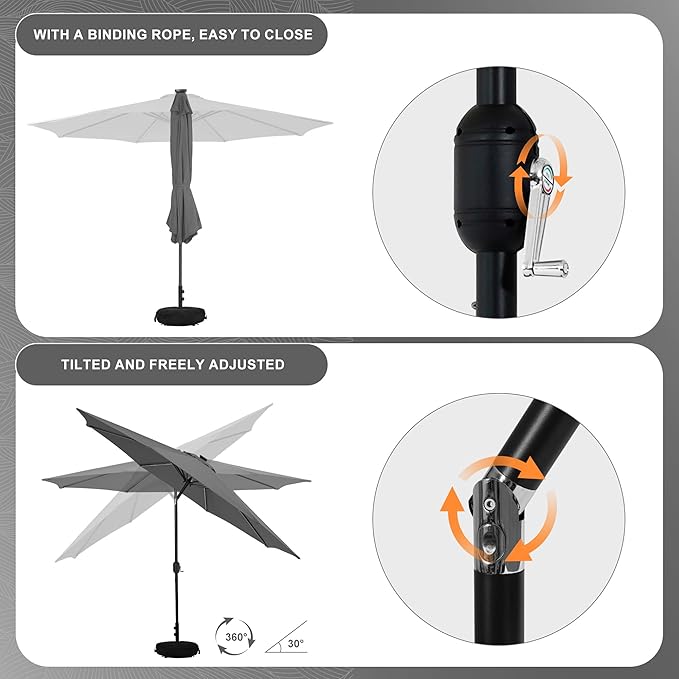 Sundale Outdoor Solar 80 LED 9 ft Patio Umbrella with Sand Bag Umbrella Base, Outdoor Umbrella with Tilt and Crank, Dark Grey
