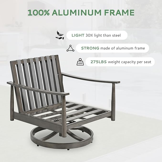 4 Pieces Patio Furniture Set, Aluminum Outdoor Patio Furniture Sets, 2 Swivel Chairs and 3 Seater Couch with Thick Cushion, Patio Conversation Set for Backyard Deck Poolside, Greige & Grey
