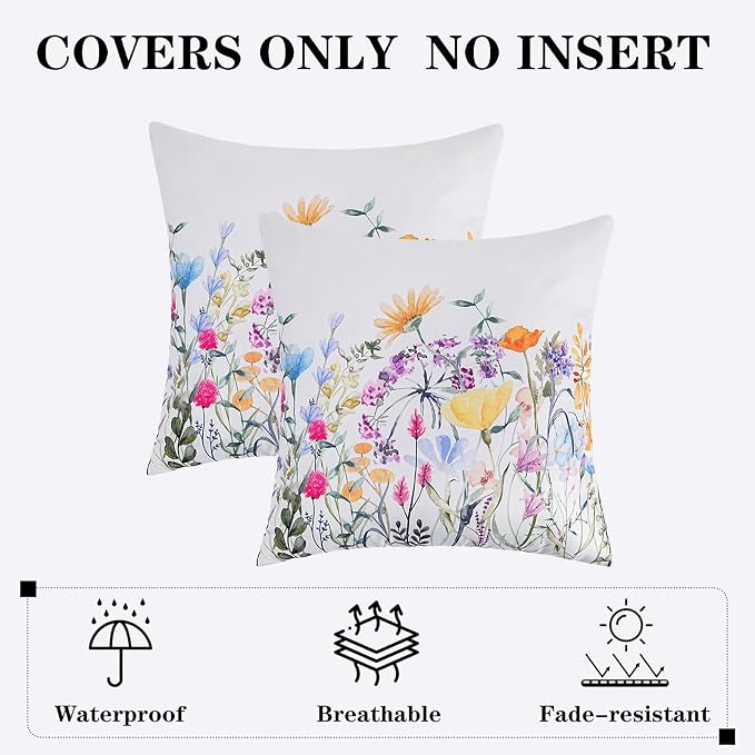 Merrycolor Waterproof Outdoor Flower Pillow Covers Spring Decorations for Home - Spring Summer Throw Pillow Covers18×18 Pack of 2 Farmhouse Cushion Covers for Tent Porch Swing Patio Garden Couch Sofa