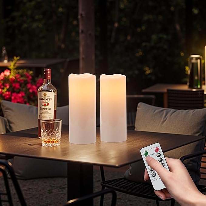 10" 10" × 4" Large Outdoor Candles with Timer Waterproof, Battery Operated Outdoor Candle Lantern Flickering LED Pillar Candles 2 Pack for Patio Porch Garden Home Decor, Cream White