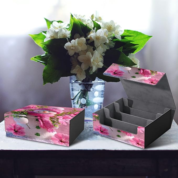 Large Card Deck Box for MTG, Fits 1200+ Sleeved Cards, PU Leather Storage Case with Strong Magnetic Closure, Multiple Colors for TCG CCG Baseball Card Collections, Pink Flower Snowman