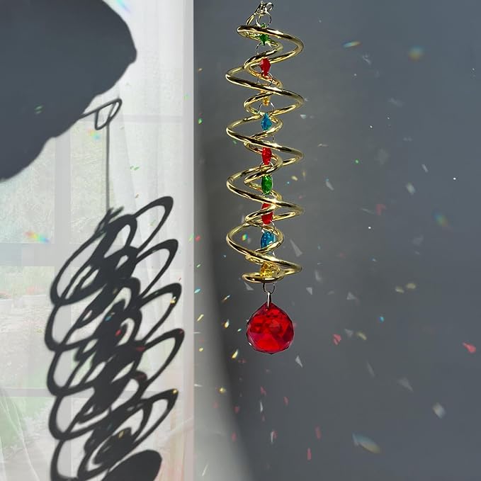 FONMY Gazing Ball Spiral Tail Decorative Wind Spinner Sun Catcher Rainbow Maker Golden Double-Spiral W/Red Crystal Ball and Chain Crystals for Indoor Outdoor Garden Decoration -14 inch H
