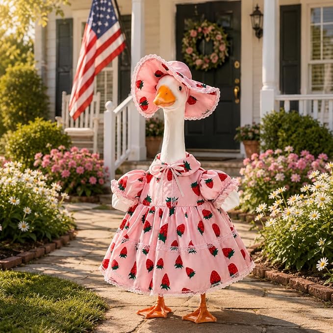 23-Inch Porch Goose Outfit for Spring Summer, Strawberry Dress with Matching Hat, Fits Cement & Plastic Goose Statues, Outdoor Lawn Decor