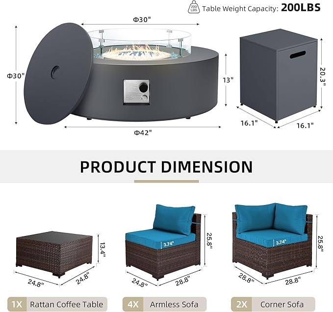 UPHA 9 Pieces Patio Furniture Sets, Wicker Outdoor Sectional Sofa Couch with Round Propane Pit for Deck Backyard Garden, Brown Rattan, Deep Lake Blue Cushion