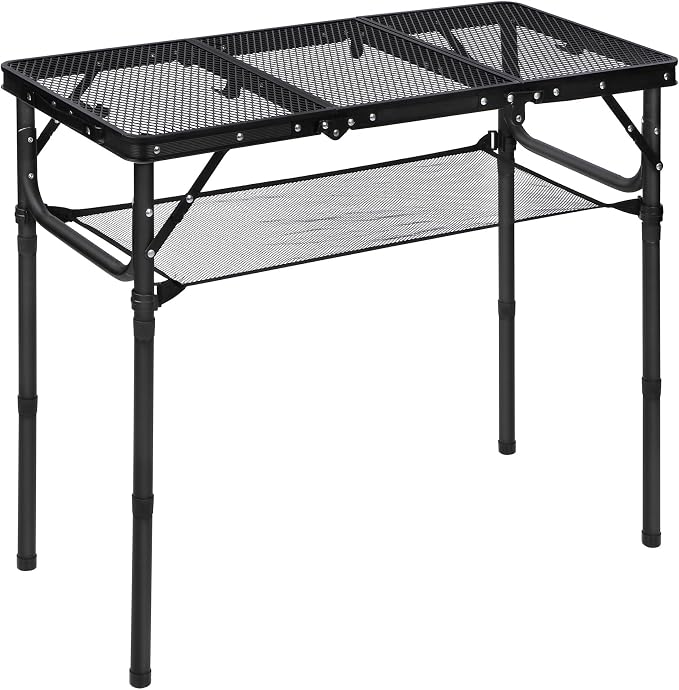 RedSwing Tri-fold Folding Picnic Table, Lightweight Height Adjustable Iron Frame Table with Mesh Layer for Outdoor Camping Picnic BBQ, Black