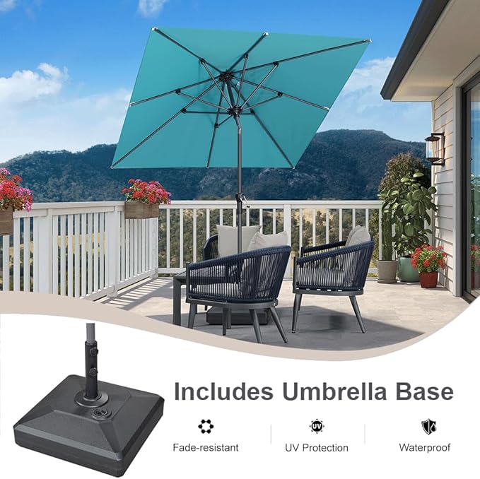 PURPLE LEAF 6.5' x 6.5' Square Patio Market Umbrella with Base Outdoor Table Umbrellas Aluminum Frame Sun Shade with 8 Sturdy Ribs Tilt for Garden Deck Lawn Pool Turquoise Blue