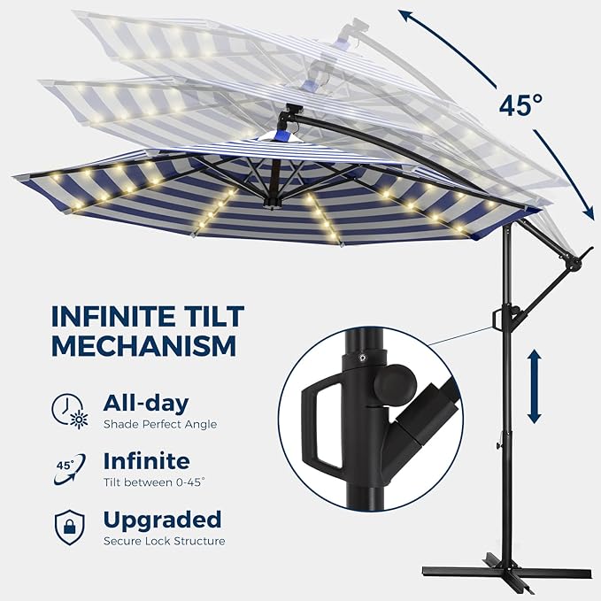 HOMSHADE 10ft Solar Lights Offset Cantilever Patio Umbrella - with Light and Base, LED Offset Patio Outdoor Umbrella UPF50+ UV Protection with Easy Tilt and Crank (Navy&White Stripes)