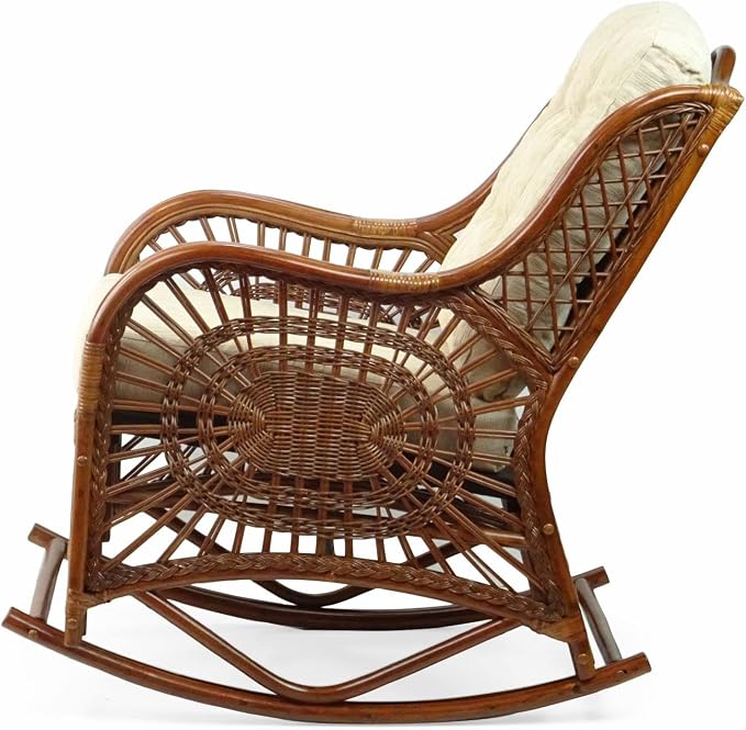 Malibu Handmade Natural Rattan Living Room Set of 2 Rocking Lounge Chairs and Round Coffee Table with Glass, Colonial Color, Cream Cushions