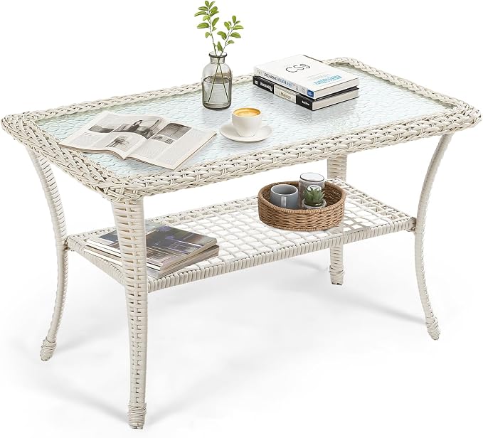 VIVIJASON Outdoor Wicker Coffee Table, All-Weather Rattan Patio Coffee Table with 2-Tier Storage, Tempered Glass Top Rectangle Center Table for Deck, Garden, Balcony, Porch, Cream White