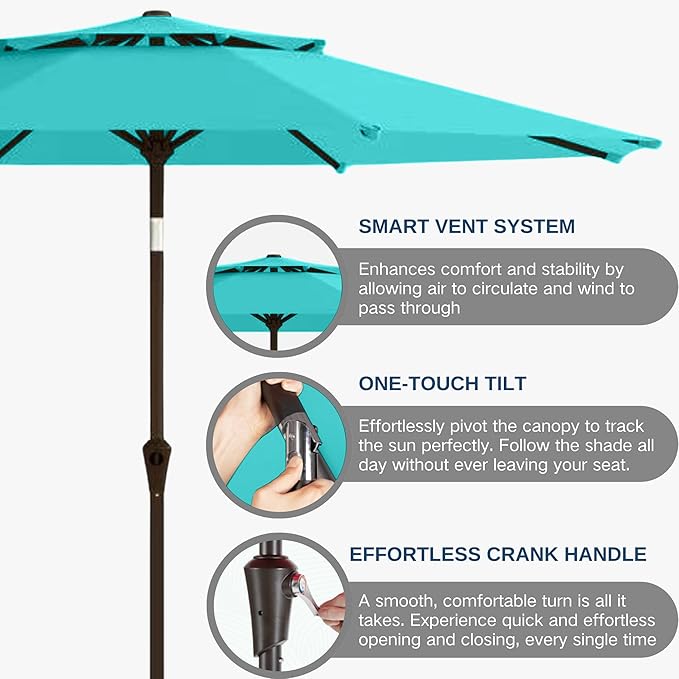 9FT Patio Umbrella 2-Tier Outdoor Market Table Umbrella with Push-Button Tilt & Crank | UPF 50+ & Waterproof for Backyard,Garden,Pool,Deck (Peacock Blue)