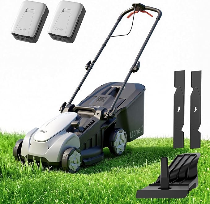 Litheli Lawn Mower Cordless 16 Inch, 6 Heights Adjustment, U20 Series 20V Electric Lawn Mowers for Garden, Yard and Farm, Light-Weight with Brushless Motor, （2 x 5.0Ah Battery Included）