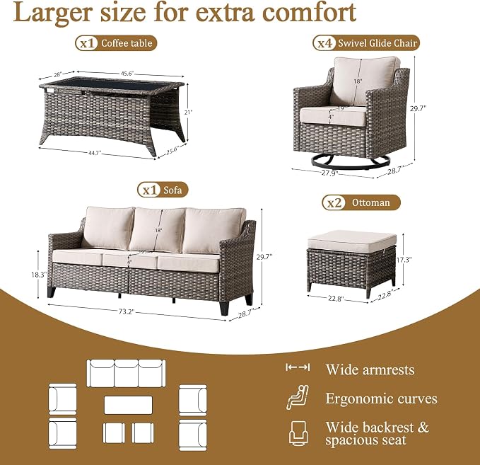 Luxury Patio Furniture sofa Set - 8 Pieces All Weather Wicker Outdoor Couch and High Back Swivel Rocker Patio Chairs with Glass coffee table for Deck Yard and Poolside Gray Wicker | Beige Cushions