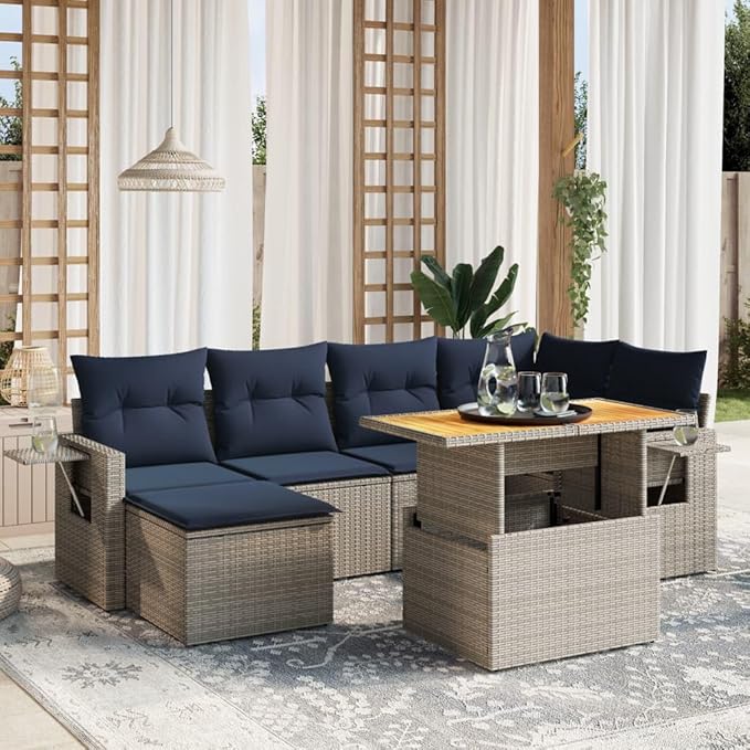 vidaXL Patio Sofa Set with Cushions 7 Piece, Outdoor Sectional Sofa Couch, Patio Conversation Set for Garden Backyard, Gray Poly Rattan