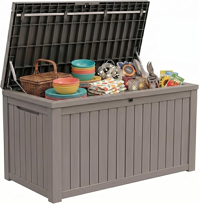 179 Gallon Resin Outdoor Storage Box, Waterproof Deck Box with Lockable Lid, Outside Storage Box for Patio Furniture, Pool Accessories, Garden Tools, Storage Bench for Backyard, Porch, Gray Brown