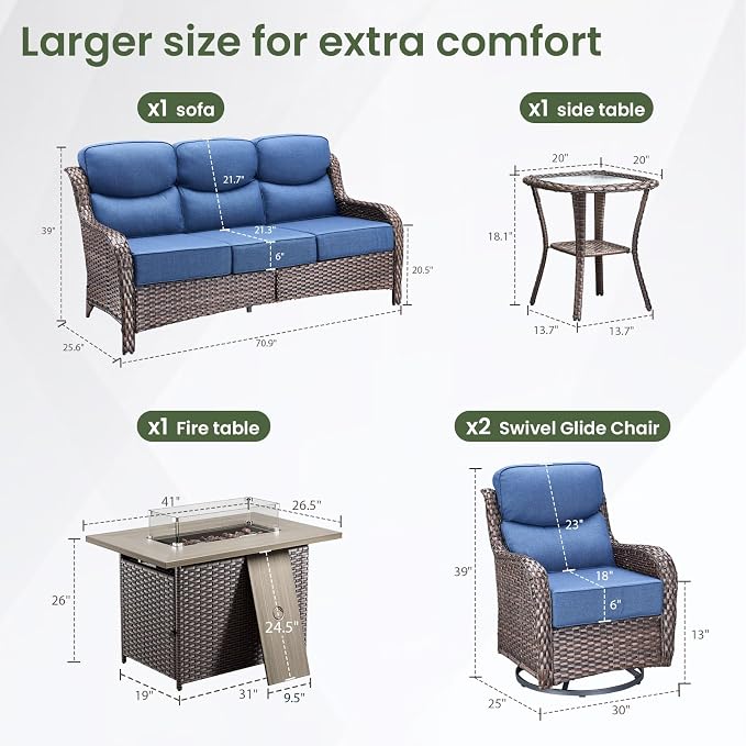 Luxury Patio Furniture Set with 6-inch Thick Cushion, Outdoor Furniture with Fire Pit Table, Swivel Chairs, Side Table, Sofa, 5pcs Wicker Conversation Set for Deck Yard(Brown Wicker/Blue Cushion)