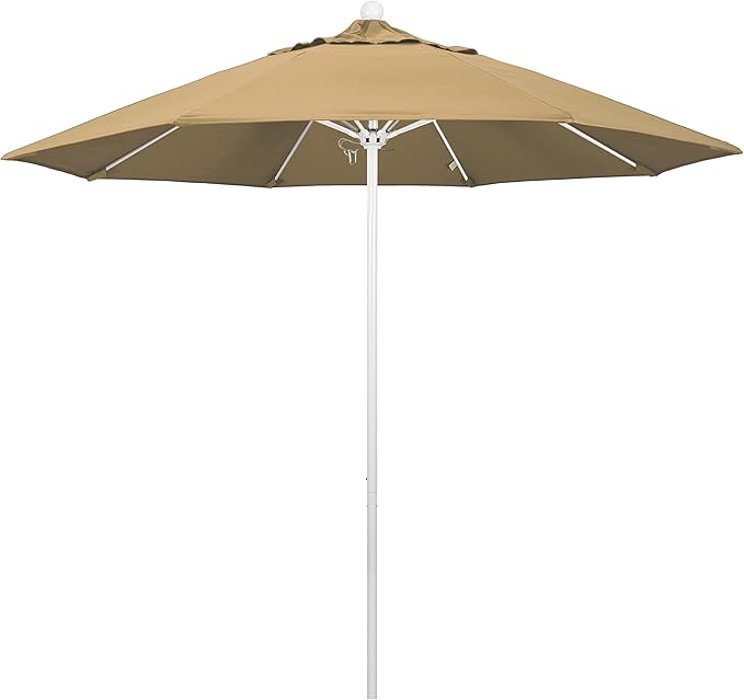 California Umbrella 9' Round Aluminum/Fiberglass Umbrella, Push Open, White Pole, Olefin Champagne Fabric