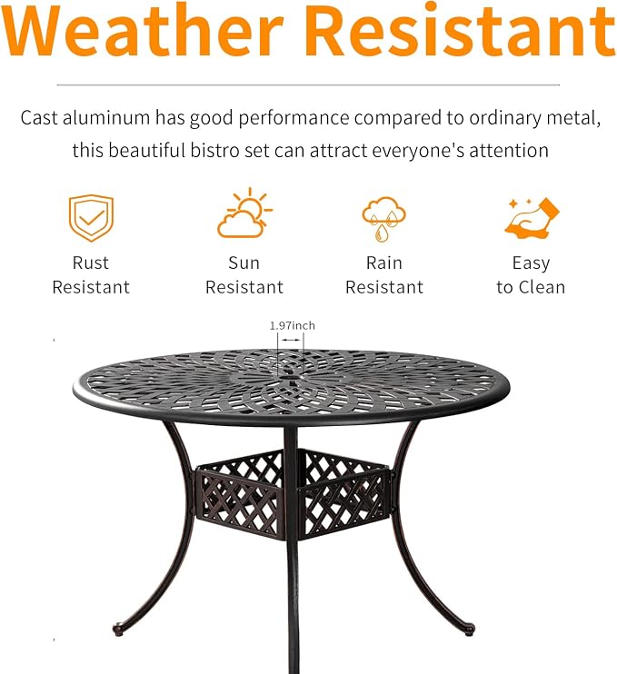 42 Inch Cast Aluminum Round Patio Table,Outdoor Patio Dining Table with 1.97" Umbrella Hole,All Weather Bistro Table for Garden,Bronze