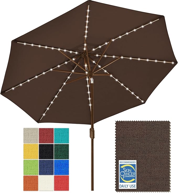 EliteShade USA 10-Year-Non-Fading 9ft Market Patio Umbrella, Commercial Grade Table Sun Umbrella with 80 Solar LED Lights, Crank Open, Windproof & UPF 50+ UV Protection for Garden, Deck, Pool, Backyard, Chestnut