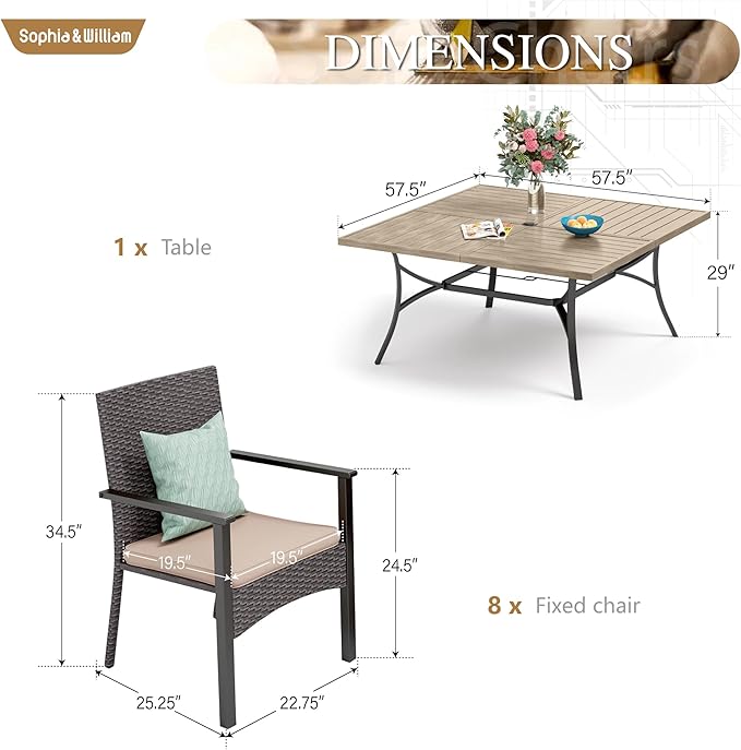 Sophia & William 9 Pieces Patio Dining Set for 8, Square Outdoor Table with Umbrella Hole, 8 Rattan Chairs with Cushions, Large Patio Table and Chairs Set