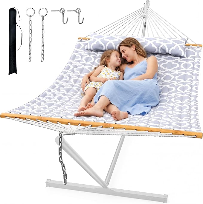 Double Quilted Outdoor Hammock for 2 Adults, 500lb Capacity Backyard & Camping Hammock with Pillow and Bamboo Spreader Bar, Fits 11–15ft Hammock Stands (Stand Not Included),White Gray
