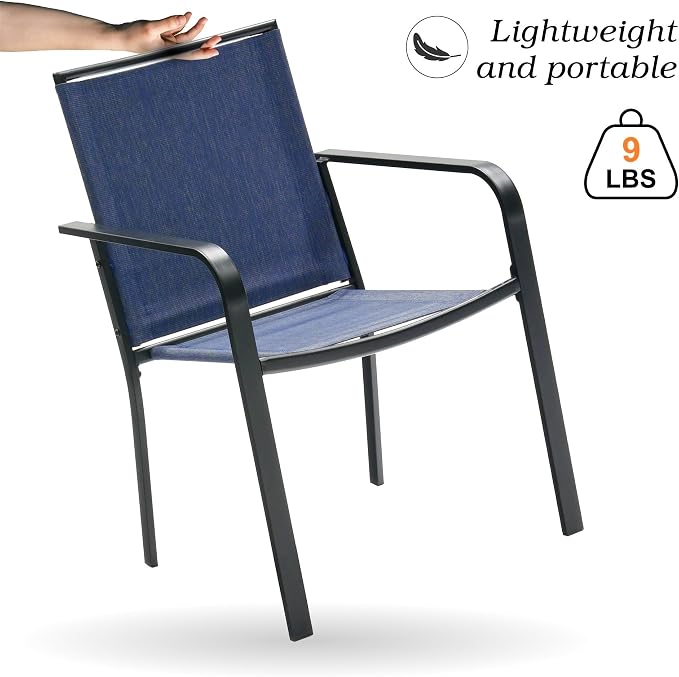 Anmutig 3-Piece Outdoor Dining Set, Small Metal Bistro Table with 2 Stackable Sling Chairs, 27.5 x 27.5 Inch Square Table, Blue Fabric
