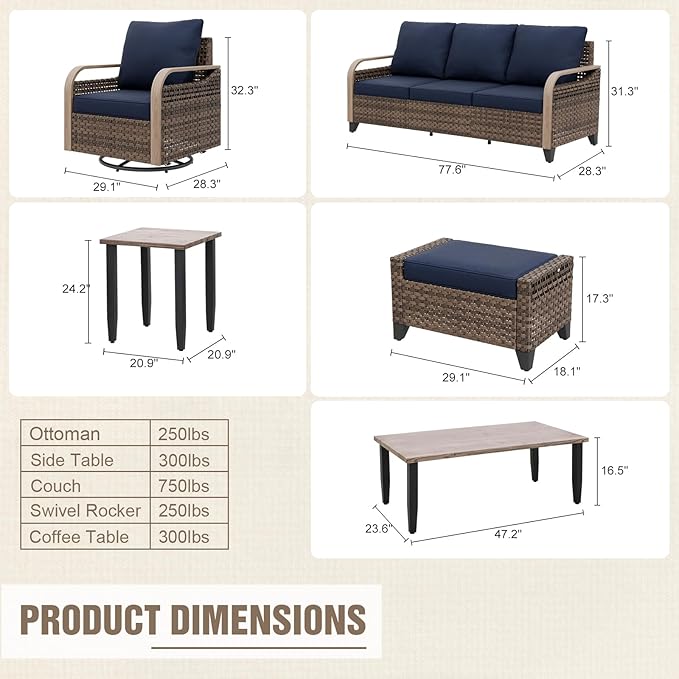 Modern Wicker Patio Furniture Set, Rattan Outdoor Conversation Set, 4 Swivel Rocking Chairs, 3 Seat Couch, 2 Ottomans, Coffee Table and Side Table, 9 Pieces, Brown/Blue