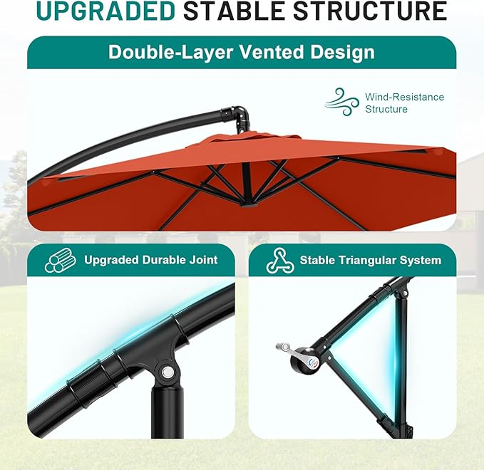 AreShark 10FT Patio Outdoor Umbrella, Offset Patio Umbrella Cantilever Umbrella, 6 Sturdy Ribs, Easy Adjustment for Garden Market Pool with Cross Base (Orange)