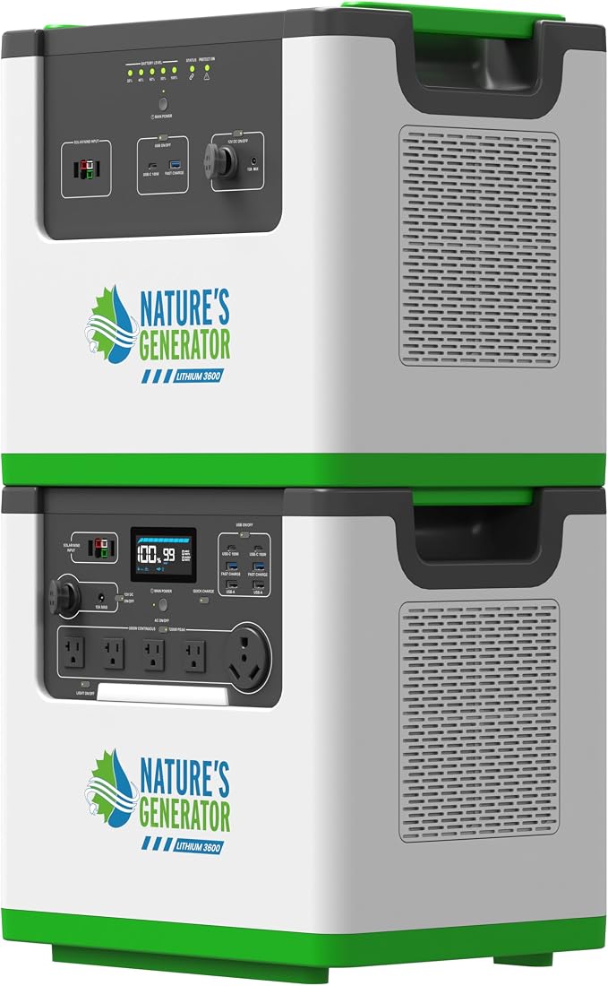 Nature's Generator Lithium 3600 Platinum PE,1 x Lithium 3600 + 1 x Pod + 4x 100w Panels + 6 Circuit Transfer Switch + 50' Cable