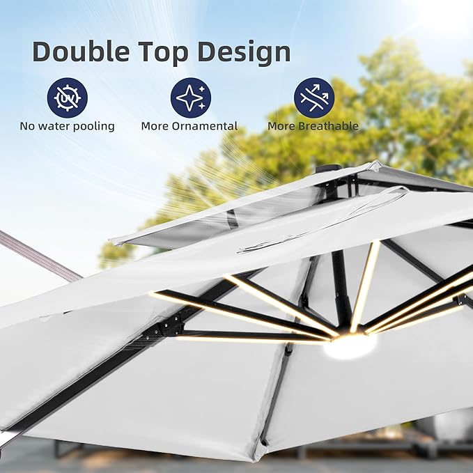 9x12 FT Patio Umbrella with LED Lights Cantilever Outdoor Large Heavy Duty Rectangle Aluminum Offset Umbrellas Double Top 360 Rotation 7 Tilt Adjustment for Pool Deck Garden, Fog grey