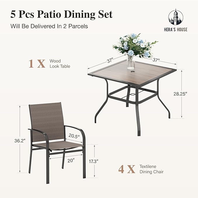 HERA'S HOUSE Patio Table and Chairs for 4, 5 Pieces Outdoor Deck Dining Sets, Square Metal Table Set with Chairs for Lawn Garden Backyard, Brown