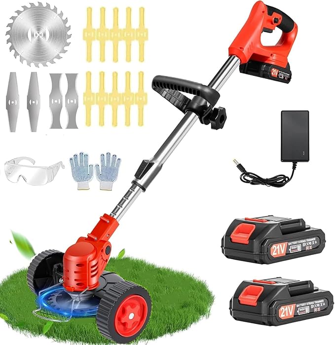 Electric Weed Wacker Cordless, 21V Lightweight Weed Wacker Battery Powered Brush Cutter, 3-in-1 Grass Trimmer/StringlessWeed Trimmer/Edger with Wheels&3Types Blades for Lawn, Garden & Yard