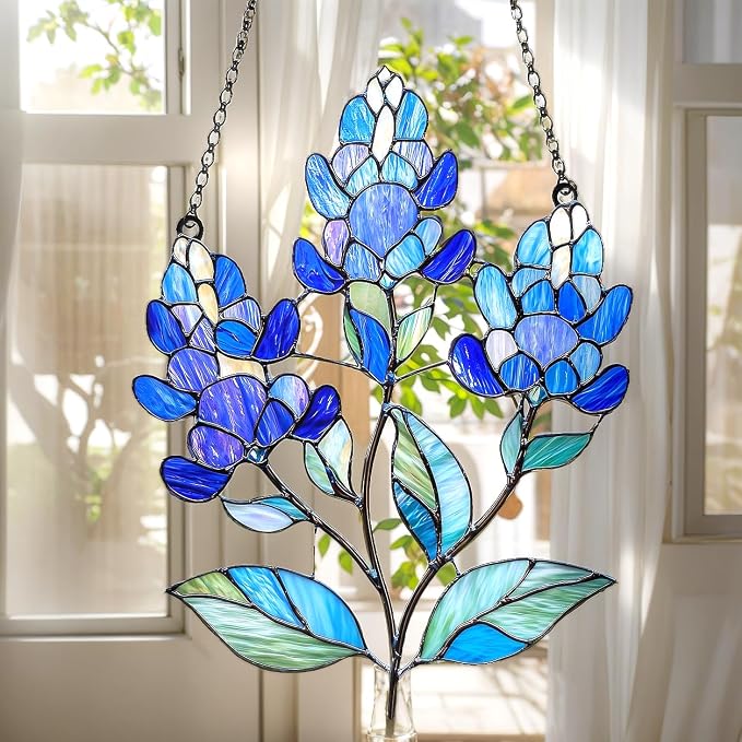 Texas Bluebonnet Acrylic Suncatcher, Boho Suncatchers for Window Hanging Ornament, Stained Glass Effect Art Garden Decor for Nature Lover, Gifts for Mother's Day, Mom, Grandma, Wife, Women, Nana