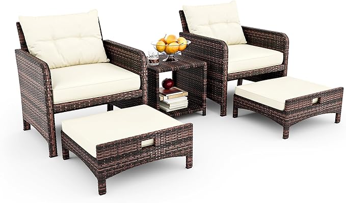 5 Piece Patio Furniture Set, All-Weather Patio Furniture with Soft Cushions, PE Wicker Patio Sofa Set with Coffee Table and Ottoman, for Outdoor, Porch, and Balcony (Beige-Brown)