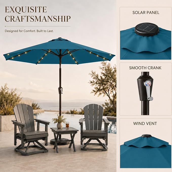 11FT Solar Lighted Patio Umbrella, Outdoor Table Market Umbrellas with Crank Lift, 32 LED Lights, 8 Sturdy Ribs, UV-Resistant for Deck, Garden, Pool