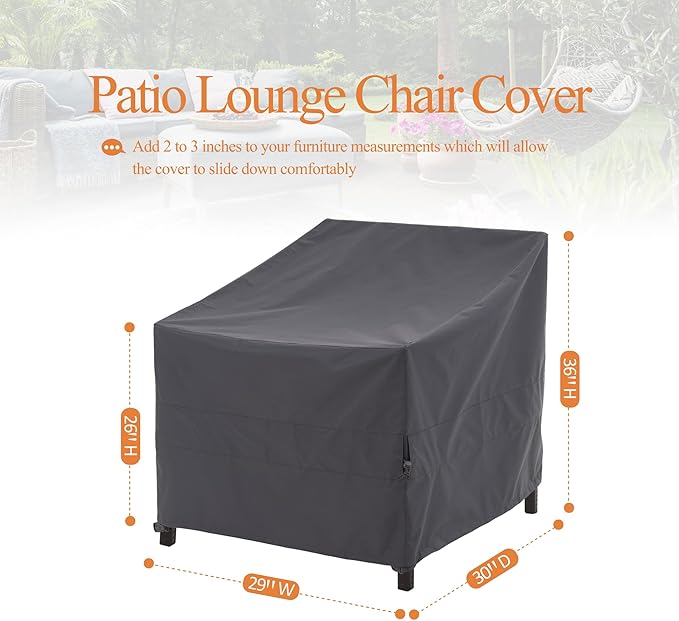 WJ-X3 Patio Chair Cover, Outdoor Lounge Cover, Heavy Duty, Waterproof Lawn Chair Covers, 29W x 30D x 36H, Gray, 2-Pack