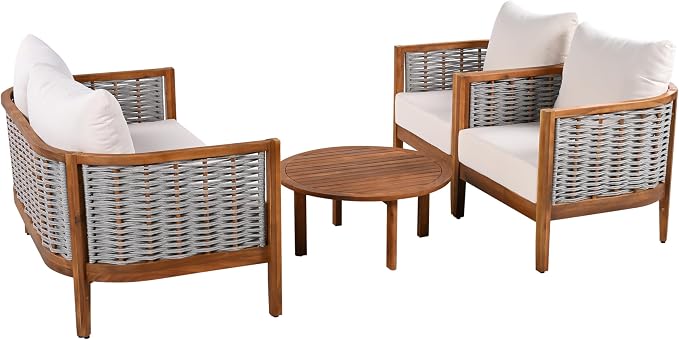Merax 4 Pieces Acacia Wood Patio Furniture Set, Outdoor Woven Rope Conversation Sets with 1 Loveseat, 2 Chairs and Round Table for Backyard, Porch, Garden, Deep Seating & Soft Cushions, Teak+Beige