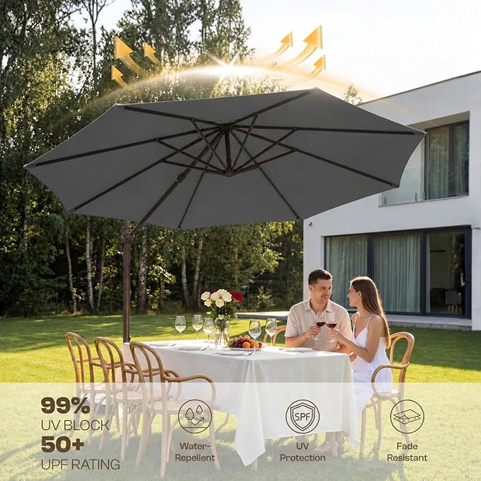 Kingdura Cantilever Patio Umbrella with Double Top Vent, Large Square Aluminum Outdoor Offset Umbrella with 360-degree Rotation, Infinite Tilt, UV Protection for Pool Deck Garden Patio