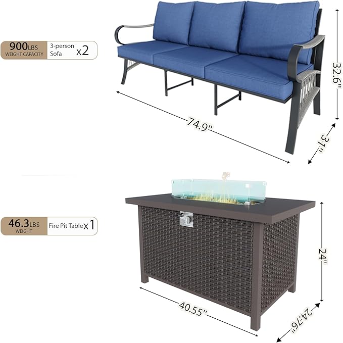 3 Pieces Patio Furniture Set, Metal Outdoor Conversation Sets with Fire Pit Table for Backyard Garden Deck Porch Poolside (Thick Blue Cushions)