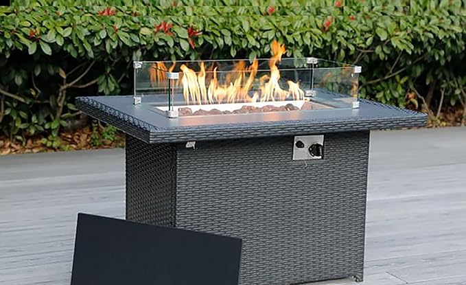 Fully Assembled Sectional 11 Piece Sunbrella Navy Outdoor Patio Furniture Black Wicker Conversation Set with 42-inch Propane Gas Fire Table