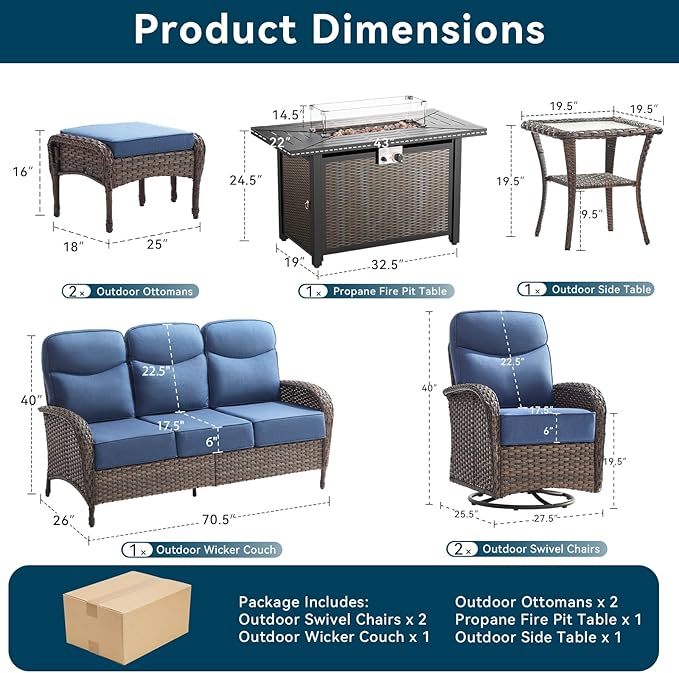 Luxury Patio Furniture Set with 42.5" Fire Pit Table, 6-Inch Thick Cushions Wicker Outdoor Furniture with Wicker Swivel Patio Chairs Set of 2, Patio Conversation Set for Deck Garden Porch, Blue