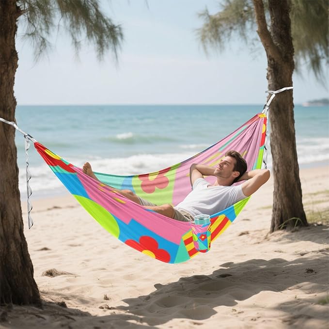 Colorful Geometric Shapes Red Flowers 330lb Capacity Outdoor Hammock Tree Hammock for Outside Camping Essentials hamacas para adultos