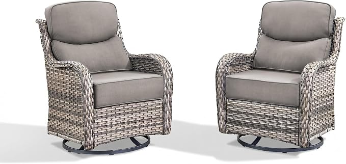 Luxury Outdoor Swivel Rocker Chairs Set with 6" Thick Cushion | Swivel Rocker Patio Chair 2pcs High Back Comfortable Outdoor patio furniture set Glider Chairs set Grey Wicker Grey Cushions