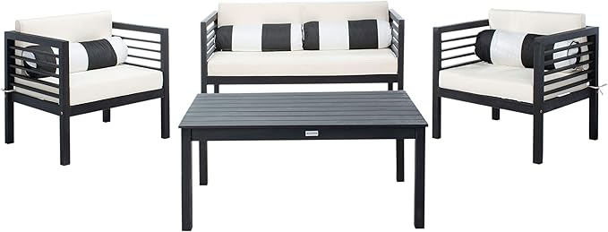 SAFAVIEH Outdoor Collection Alda Black/ Beige Cushions/ Striped Bolster Pillows 4-Piece Conversation Patio Set