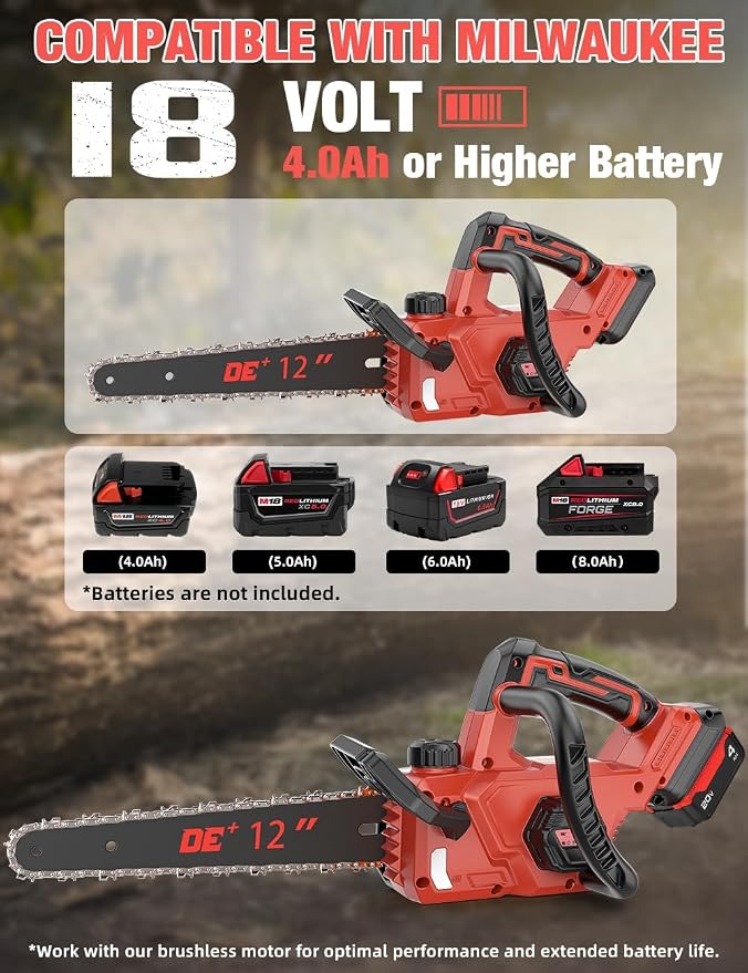 12 Inch Brushless Electric Chainsaw Cordless, for Milwaukee M18 Battery,44.3 FT/S Powerful Cutting Heavy Duty Chain Saw, Auto Oiler Low Kickback Battery Powered Chainsaw for Tree Trimming Wood Cutting